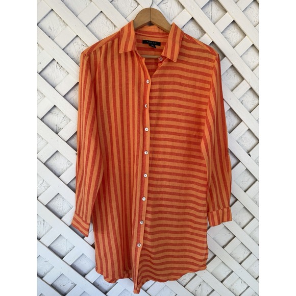 Tahari Tops - Tahari Linen Blend Striped Long Sleeve Tunic Roll-Tab Orange Medium Boho Chic M
